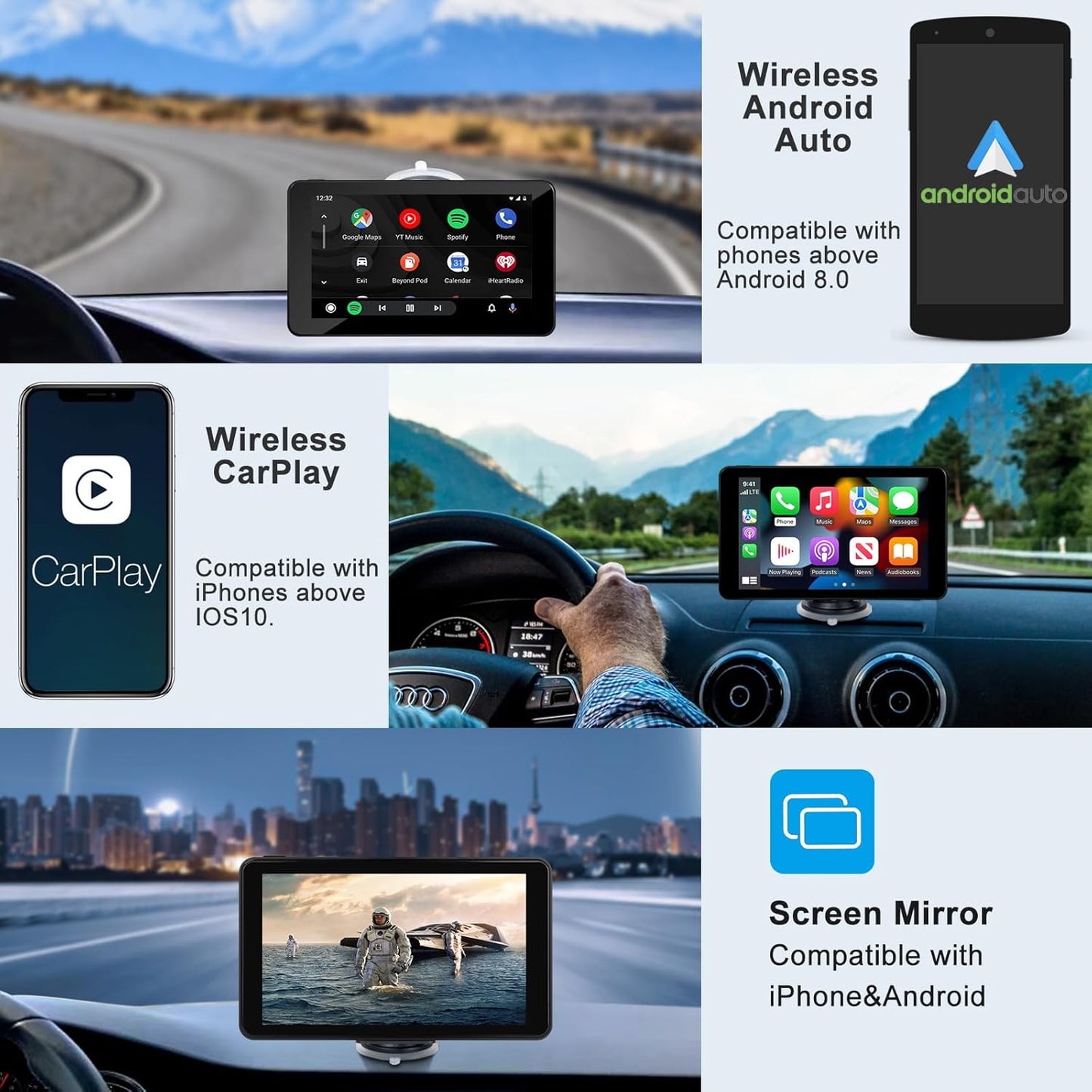 Wireless Apple Carplay Android Auto Screen for Car, 7" HD Touch Screen Car Stereo Portable Live Navigation Car Play Mirror Link Music Video Player Siri/Airplay/Aux/Fm/Radio.