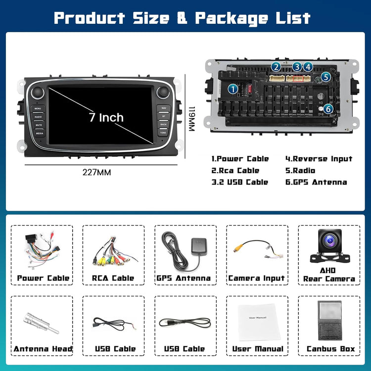 for Ford Focus S-Max Mondeo 9 Galaxy II C-Max Kuga Android Car Stereo Radio Carplay Android Auto 7 Inch Touchscreen Car Radio GPS Navi Wifi Backup Camera Hifi FM RDS SWC.