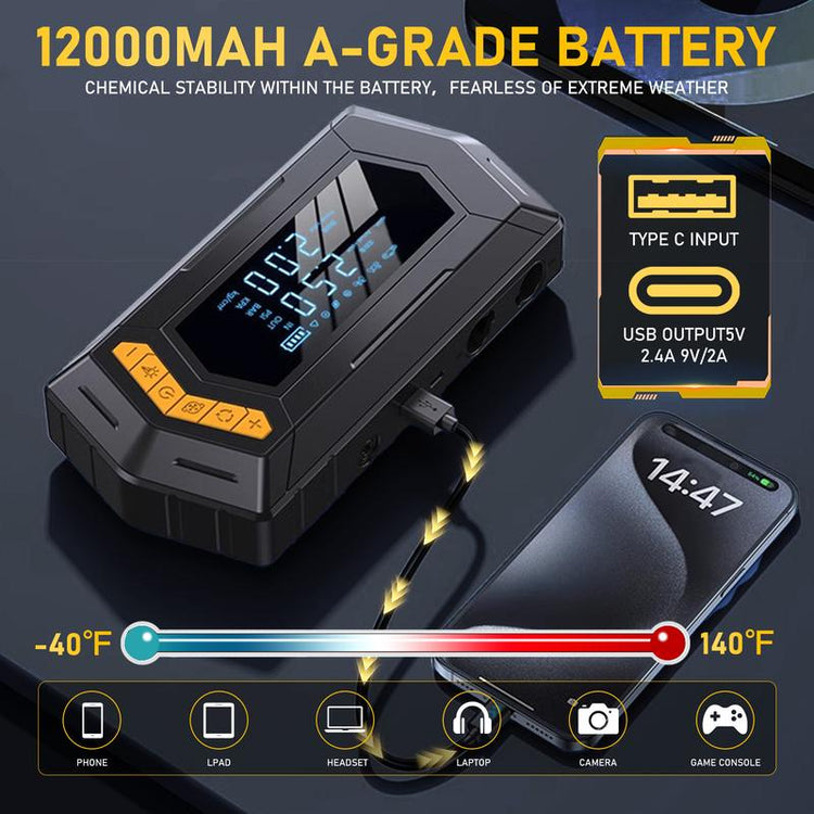 【6-IN-1】 Portable Car Jump Starter with 150PSI Vacuum Extraction Air Compressor, 12V 12000Mah 6000A Car Battery Jump Starter Battery Pack (8L Gas/8L Diesel), Large LCD Display, Father&