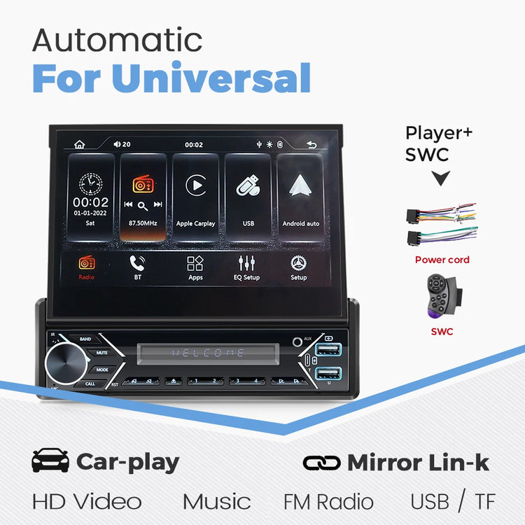 ZD1 7“ 1 Din Carplay Car Radio Android Auto Multimedia Retractable HD Touch Screen FM AUX BT USB Mirrorlink Universal Autoradio.