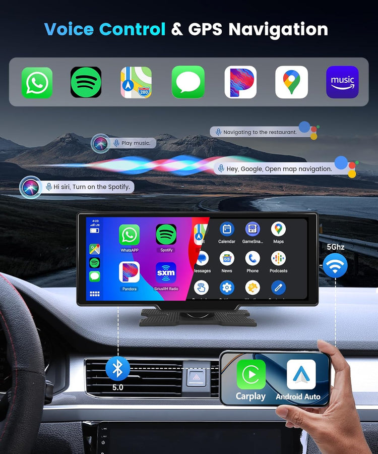 10.26 Inch Carplay Screen for Car, Portable Android Auto Car Stereo HD IPS Touch Screen,Wireless Car Play Screen with GPS Navigation & Voice Control, Mirror Link,Bluetooth,Fm Transmission,Aux.