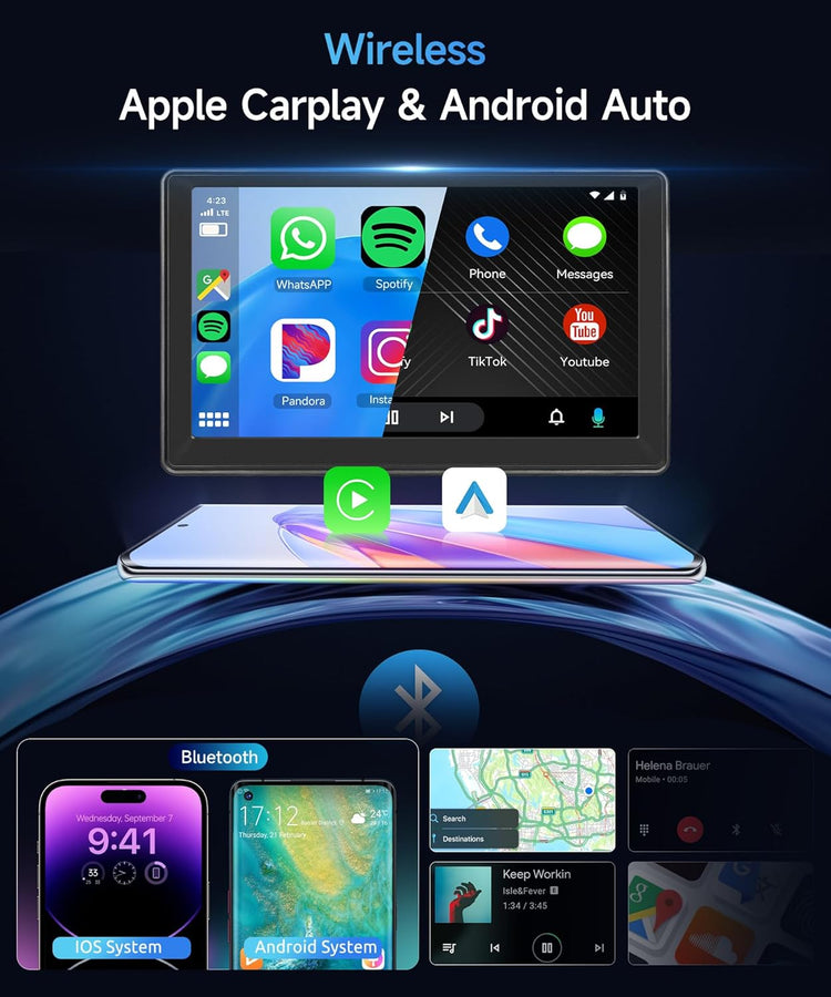 7 Inch Portable Car Play Stereo Touch Screen Portable Carplay Car Radio with Wireless Android Auto Airplay Android Cast, Bluetooth, GPS Navigation, FM Transmit, AUX, Voice Control.