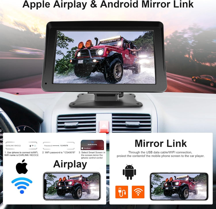 Portable Car Radio Wireless Carplay Screen Android Auto Screen, 7 Inch Touchscreen Bluetooth Portable Car Radio with FM Transmitter Voice Control.