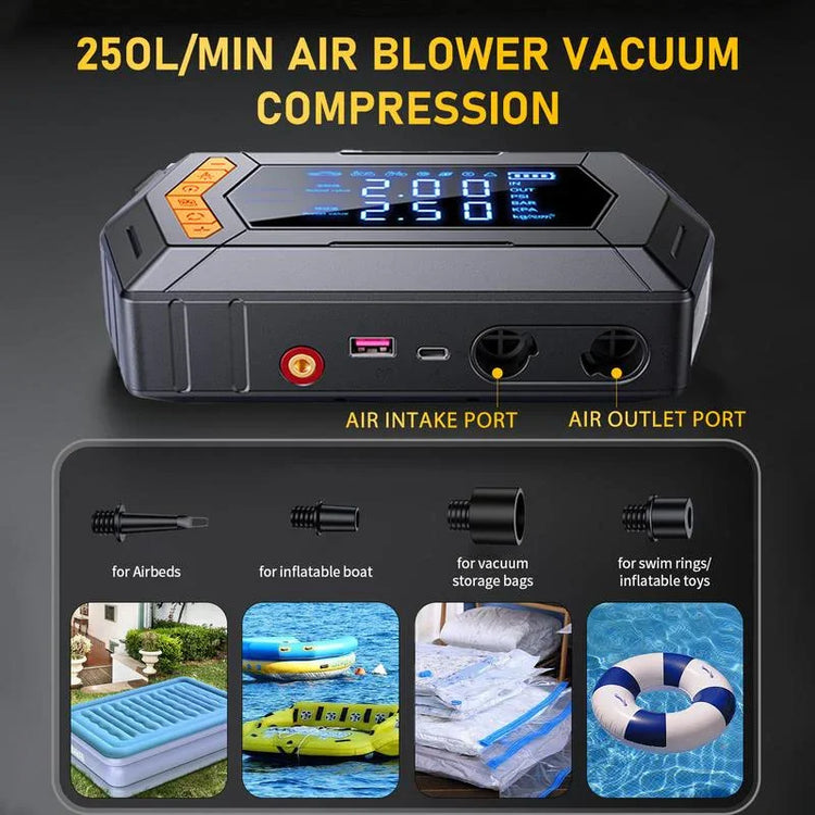 【6-IN-1】 Portable Car Jump Starter with 150PSI Vacuum Extraction Air Compressor, 12V 12000Mah 6000A Car Battery Jump Starter Battery Pack (8L Gas/8L Diesel), Large LCD Display, Father&
