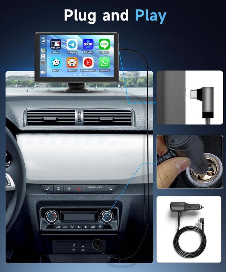 7 Inch Portable Car Play Stereo Touch Screen Portable Carplay Car Radio with Wireless Android Auto Airplay Android Cast, Bluetooth, GPS Navigation, FM Transmit, AUX, Voice Control.