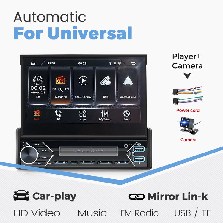 ZD1 7“ 1 Din Carplay Car Radio Android Auto Multimedia Retractable HD Touch Screen FM AUX BT USB Mirrorlink Universal Autoradio.