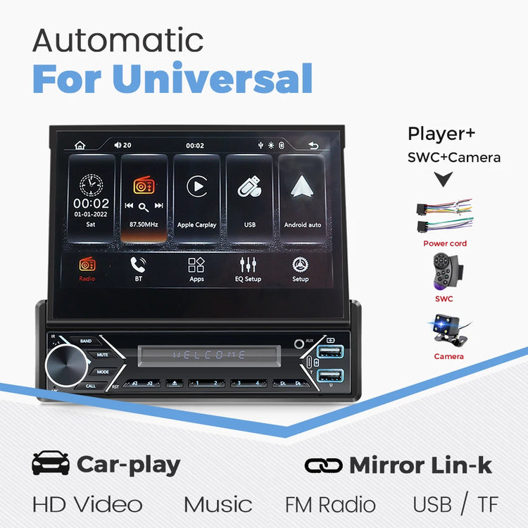 ZD1 7“ 1 Din Carplay Car Radio Android Auto Multimedia Retractable HD Touch Screen FM AUX BT USB Mirrorlink Universal Autoradio.