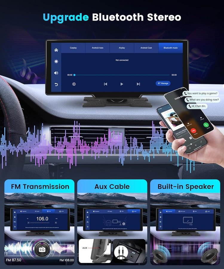 10.26 Inch Carplay Screen for Car, Portable Android Auto Car Stereo HD IPS Touch Screen,Wireless Car Play Screen with GPS Navigation & Voice Control, Mirror Link,Bluetooth,Fm Transmission,Aux.
