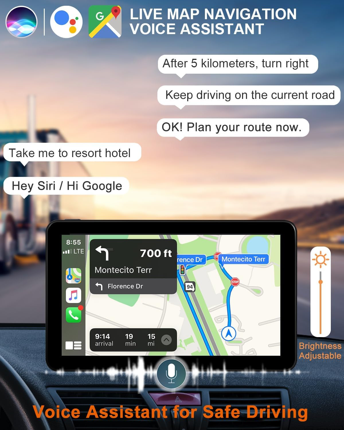 Wireless Apple Carplay Android Auto Screen for Car, 7" HD Touch Screen Car Stereo Portable Live Navigation Car Play Mirror Link Music Video Player Siri/Airplay/Aux/Fm/Radio.
