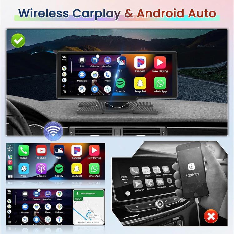 10.26 Inch Wireless Carplay Radio for Car, Wireless Android Auto Car Display Screen with Dual Bluetooth GPS AUX Hand Free Mirror Link FM Transmitter Sat Nav.