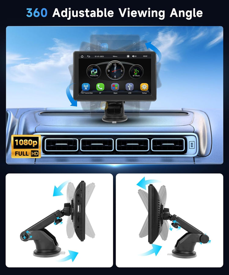 7 Inch Portable Car Play Stereo Touch Screen Portable Carplay Car Radio with Wireless Android Auto Airplay Android Cast, Bluetooth, GPS Navigation, FM Transmit, AUX, Voice Control.