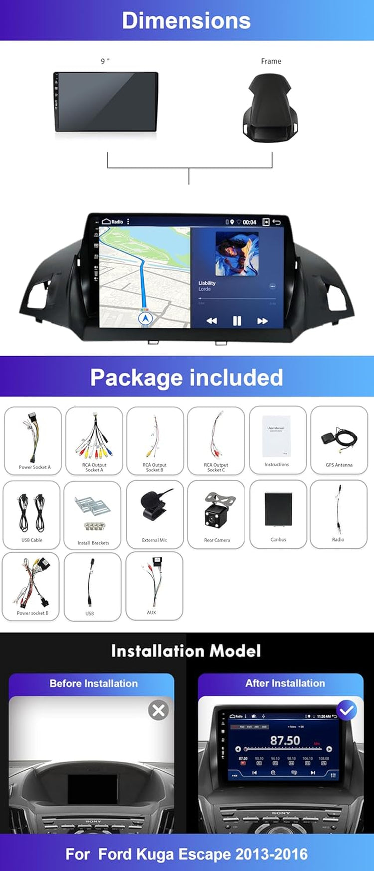 Octa Core 6GB+128GB for Ford Kuga Escape C-Max 2013-2017 Double Din Car Stereo, Android 14 Car Radio Player,9 Inch IPS Touch Screen GPS Navigation Bluetooth Head Unit DSP Car Play Android Auto.