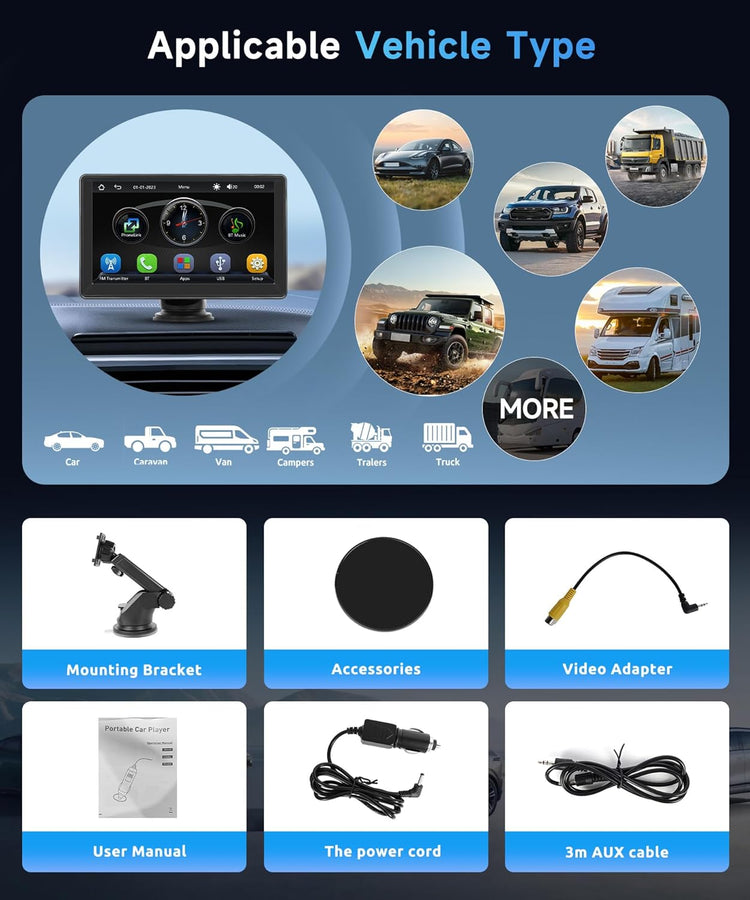7 Inch Portable Car Play Stereo Touch Screen Portable Carplay Car Radio with Wireless Android Auto Airplay Android Cast, Bluetooth, GPS Navigation, FM Transmit, AUX, Voice Control.