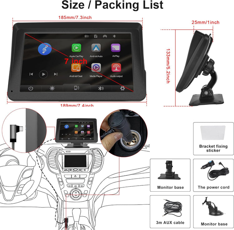 Portable Car Radio Wireless Carplay Screen Android Auto Screen, 7 Inch Touchscreen Bluetooth Portable Car Radio with FM Transmitter Voice Control.