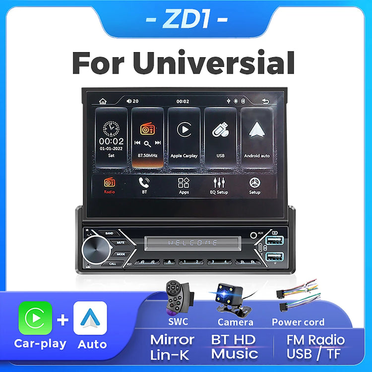ZD1 7“ 1 Din Carplay Car Radio Android Auto Multimedia Retractable HD Touch Screen FM AUX BT USB Mirrorlink Universal Autoradio.
