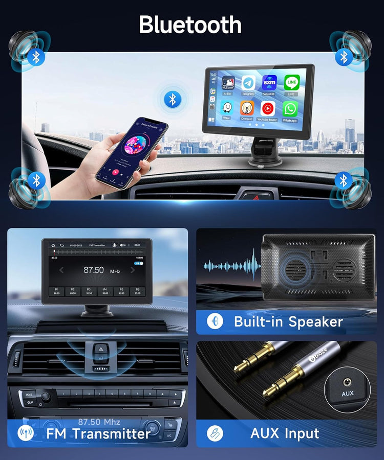 7 Inch Portable Car Play Stereo Touch Screen Portable Carplay Car Radio with Wireless Android Auto Airplay Android Cast, Bluetooth, GPS Navigation, FM Transmit, AUX, Voice Control.