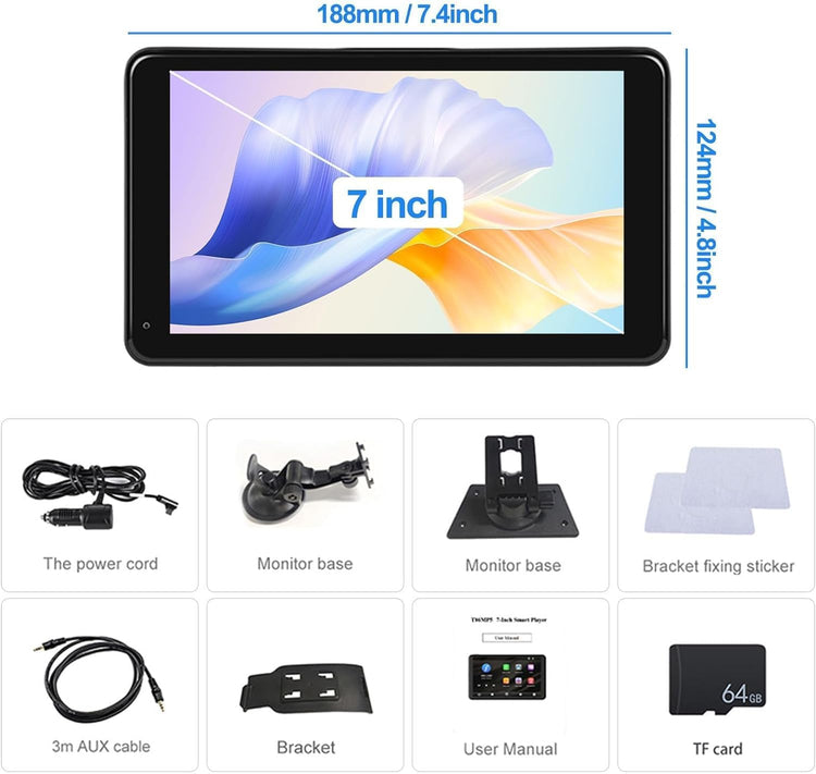 Carplay Screen for Car with Backup Camera + 64GB TF Card, 7 Inch Portable Touch Screen Car Stereo with Wireless Carplay and Android Auto Bluetooth Hands Free Call Mirrorlink/Gps/Siri/Fm/Aux.