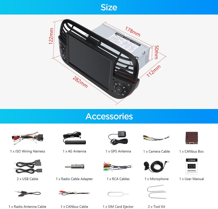 7" Android 14 1 Din Car Stereo 4+64GB for Fiat 500(2007-2015) Black, Octa-Core Radio Player, Built-In 4G ASM DSP 2K Carautoplay Android Auto GPS Navigation Bluetooth 5.0 New UI, Optional DAB+.