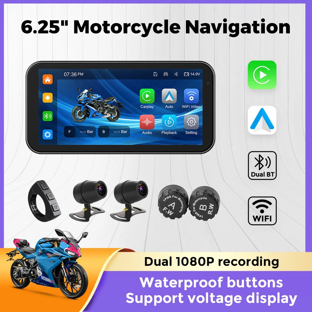 6.25" 1560*720 Motorcycle GPS Navigation IP67 Waterproof Display Wireless Car Play Android Auto Moto TPMS Dual 1080P Recording.