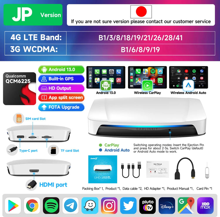 128G  Ai Box Android 13 Wireless Carplay HDMI Output Wireless Adapter Android Auto Car Play Qualcomm 6225 Fota Upgrade.