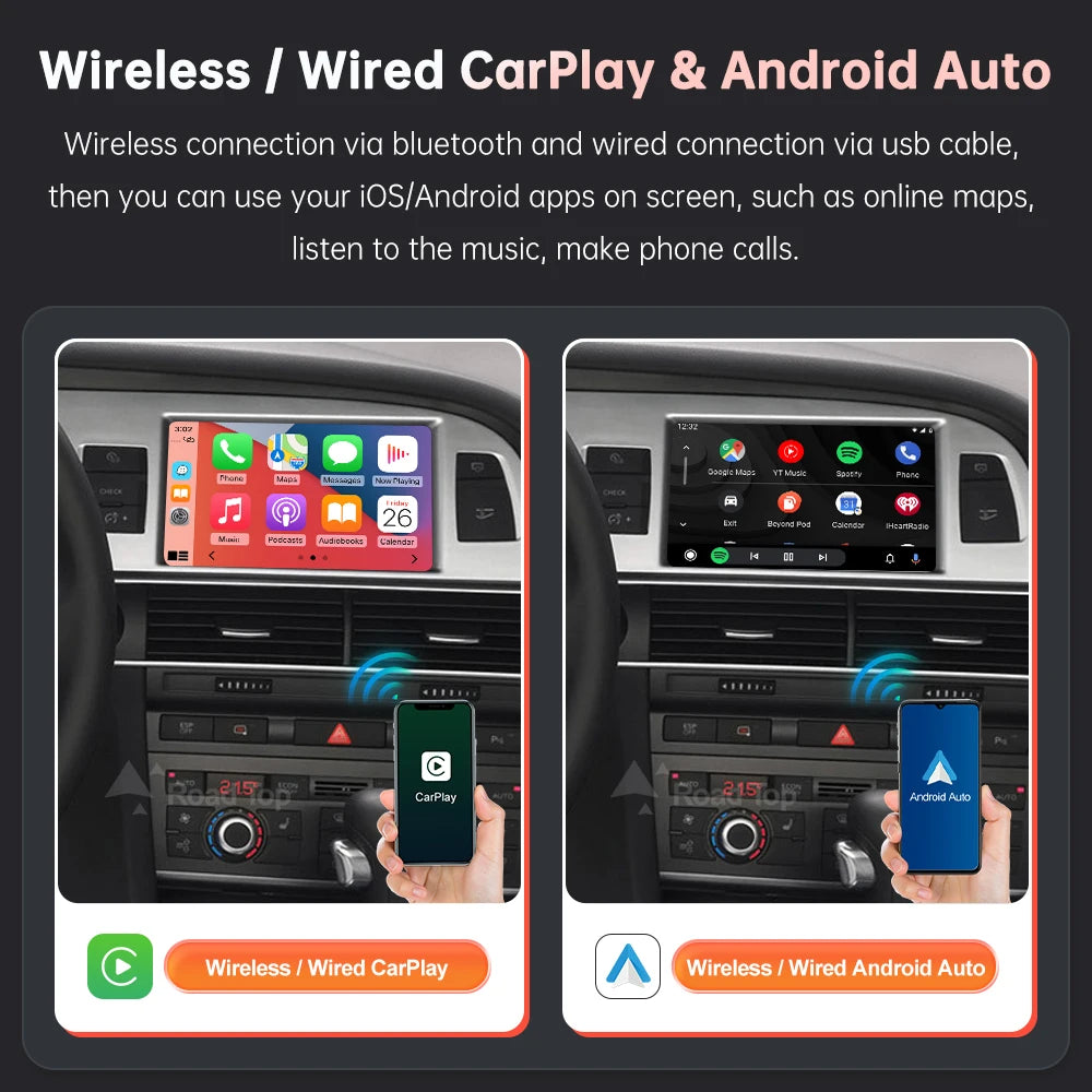 Road Top Wireless Carplay Android Auto for Audi A6 C6 A7 C7 2010-2011 Q7 2010-2015,With Mirror Link Airplay Car Play Functions.