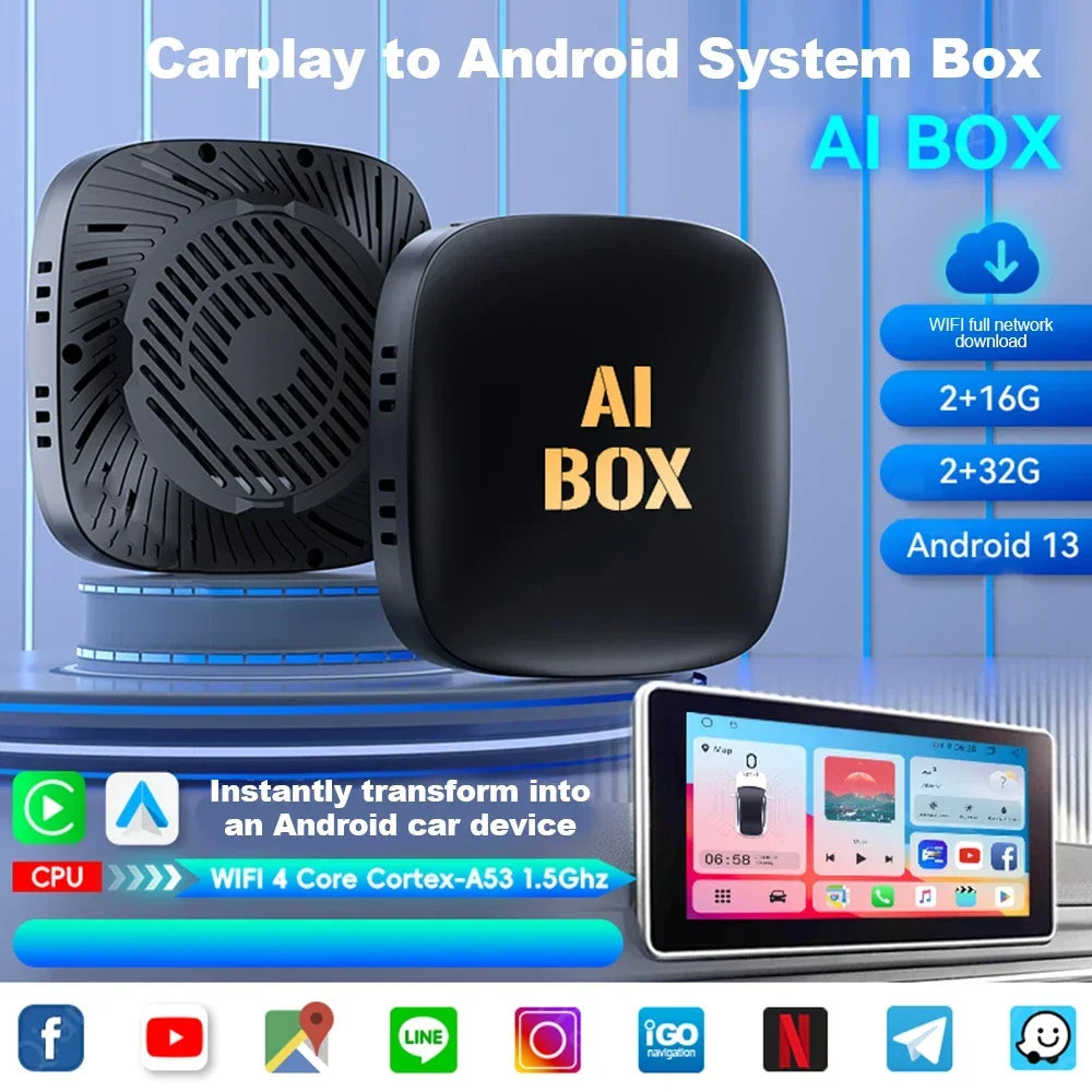 NEW Carplay Ai Box Android 13 Wireless Carplay Android Auto Car Video TV Box Wifi 2GB+32GB for Netflix Youtube Play Store.