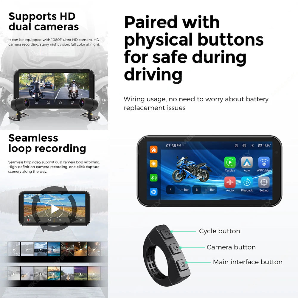 6.25" 1560*720 Motorcycle GPS Navigation IP67 Waterproof Display Wireless Car Play Android Auto Moto TPMS Dual 1080P Recording.