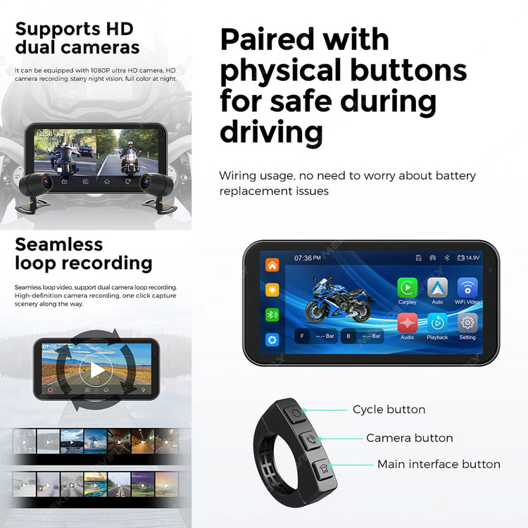 6.25" 1560*720 Motorcycle GPS Navigation IP67 Waterproof Display Wireless Car Play Android Auto Moto TPMS Dual 1080P Recording.