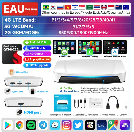 128G  Ai Box Android 13 Wireless Carplay HDMI Output Wireless Adapter Android Auto Car Play Qualcomm 6225 Fota Upgrade.