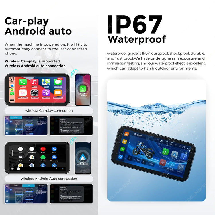 6.25" 1560*720 Motorcycle GPS Navigation IP67 Waterproof Display Wireless Car Play Android Auto Moto TPMS Dual 1080P Recording.