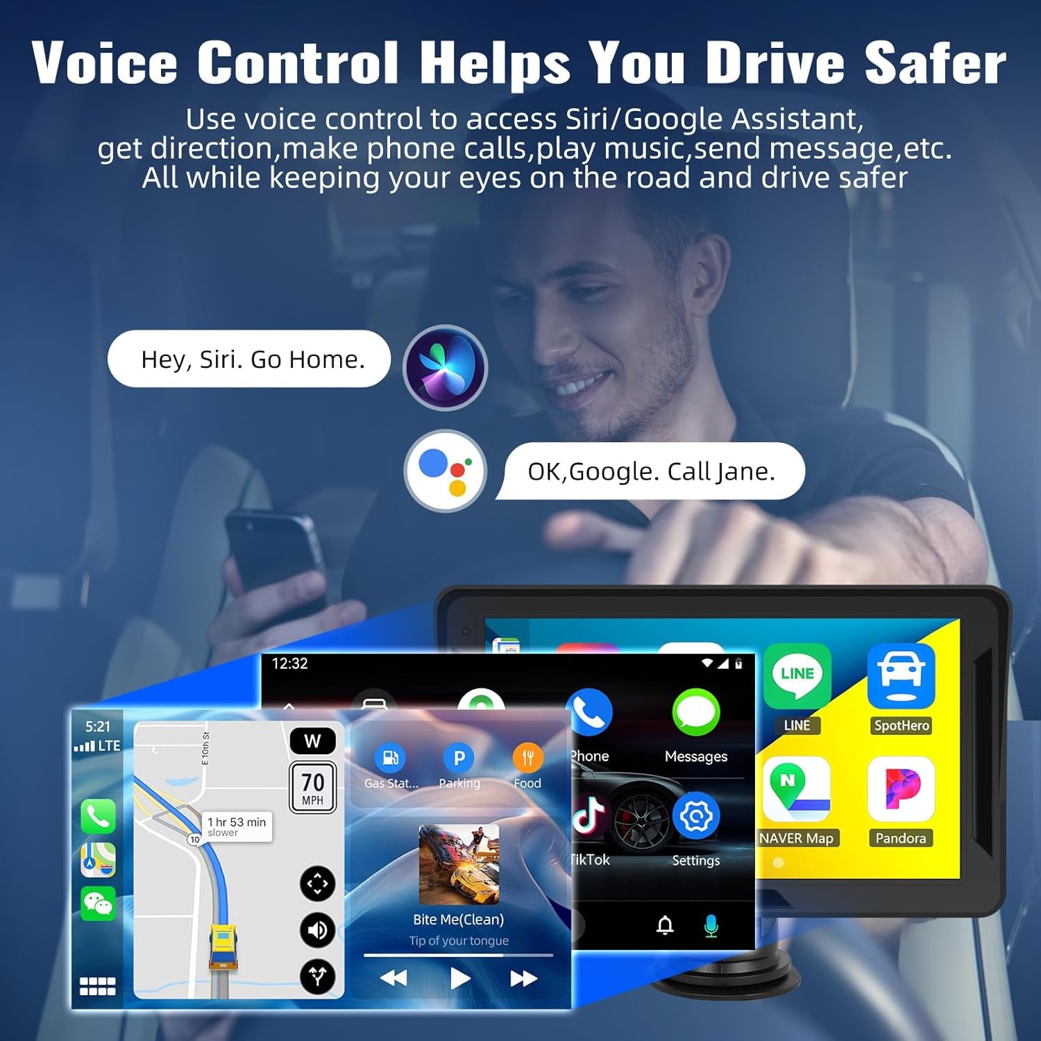 Portable Wireless Carplay Android Auto Screen Car Stereo, 7" HD Touchscreen Radio Carplay Screen for Car Support Mirror Link, Car Audio Receivers with Bluetooth/Aux/Fm/Eq/Voice Control.