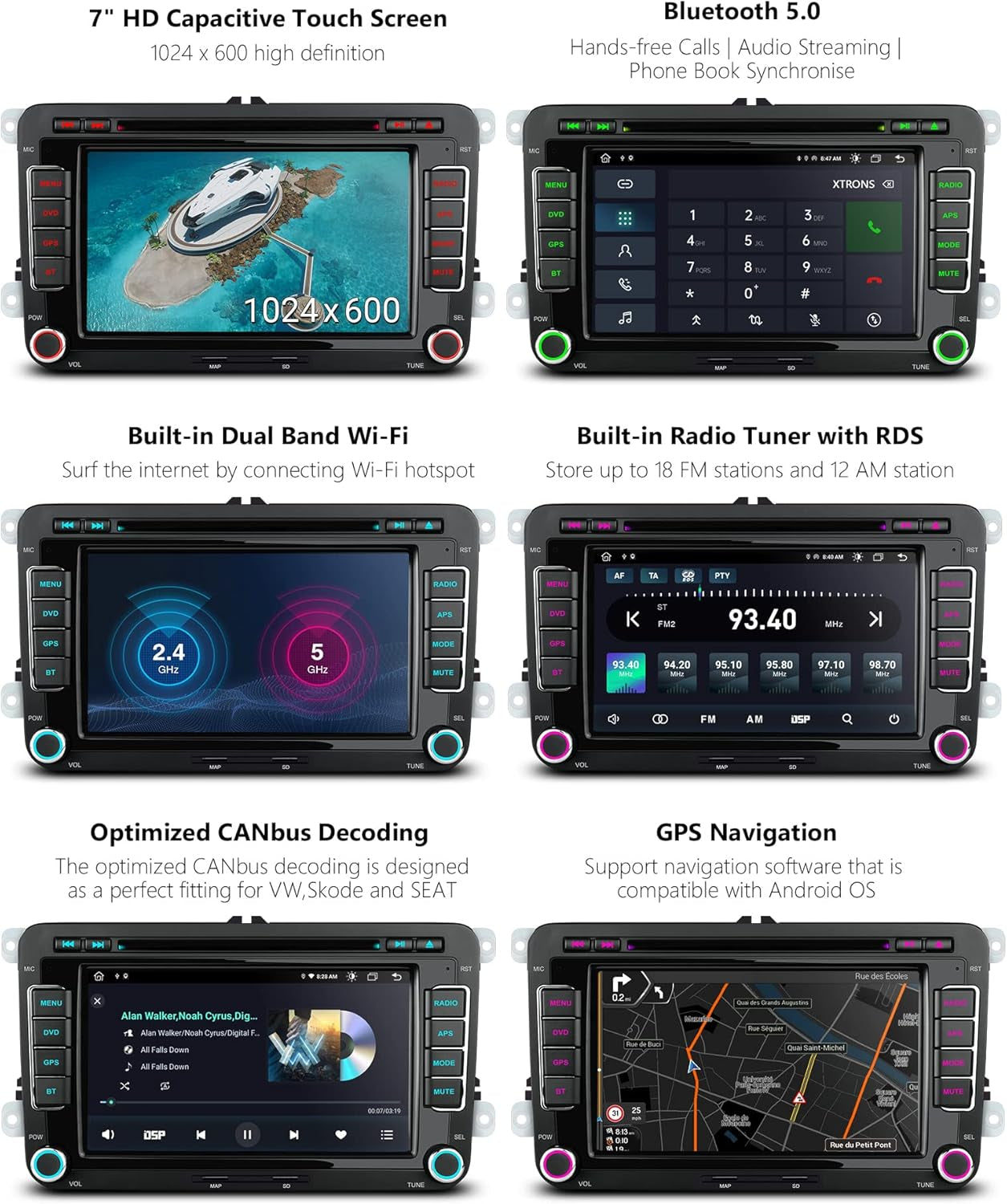 7 Inch Octa Core Double Din Android 13 Car Stereo DVD Player GPS Navigation Built-In 4G WIFI Wireless Car Play DSP RDS Radio A2DP Bluetooth Support AHD Camera DVR Dab+For VW Seat Skoda.