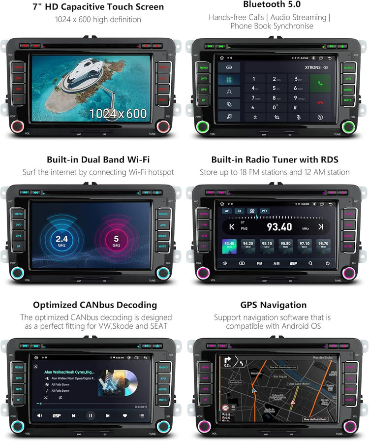 7 Inch Octa Core Double Din Android 13 Car Stereo DVD Player GPS Navigation Built-In 4G WIFI Wireless Car Play DSP RDS Radio A2DP Bluetooth Support AHD Camera DVR Dab+For VW Seat Skoda.