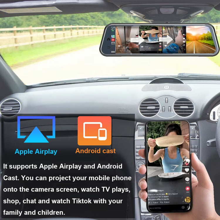 T122 10" 4K Mirror Dash Cam with Car Stereo Carplay 1080P Backup Camera Car Audio Receivers with Bluetooth Android Auto AUX.