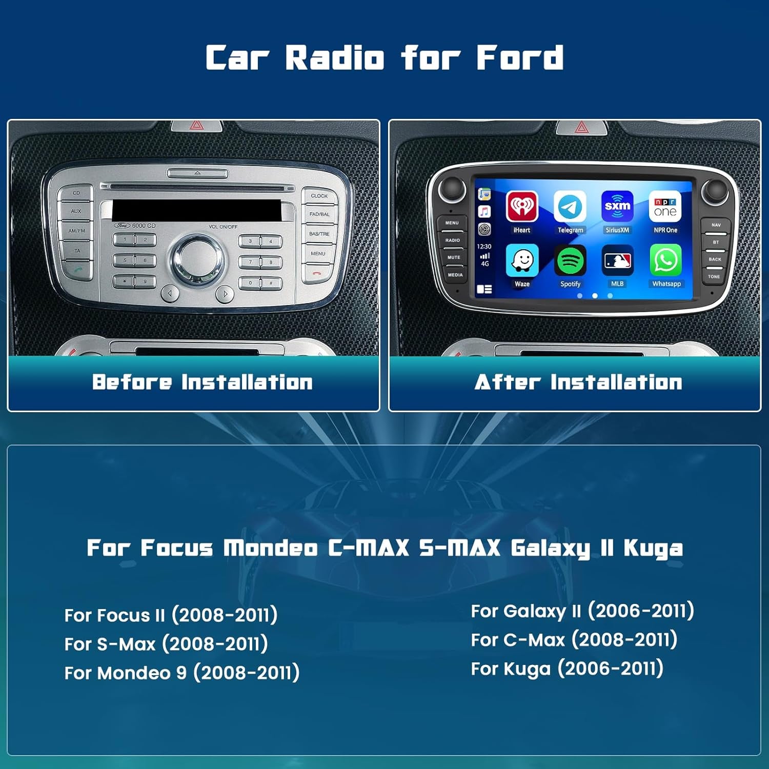 for Ford Focus S-Max Mondeo 9 Galaxy II C-Max Kuga Android Car Stereo Radio Carplay Android Auto 7 Inch Touchscreen Car Radio GPS Navi Wifi Backup Camera Hifi FM RDS SWC.