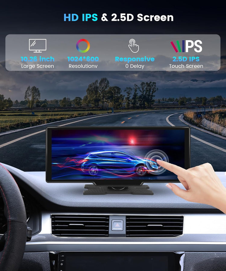 10.26 Inch Carplay Screen for Car,  Portable Android Auto Car Stereo HD IPS Touch Screen,Wireless Car Play Screen with GPS Navigation & Voice Control, Mirror Link,Bluetooth,Fm Transmission,Aux.