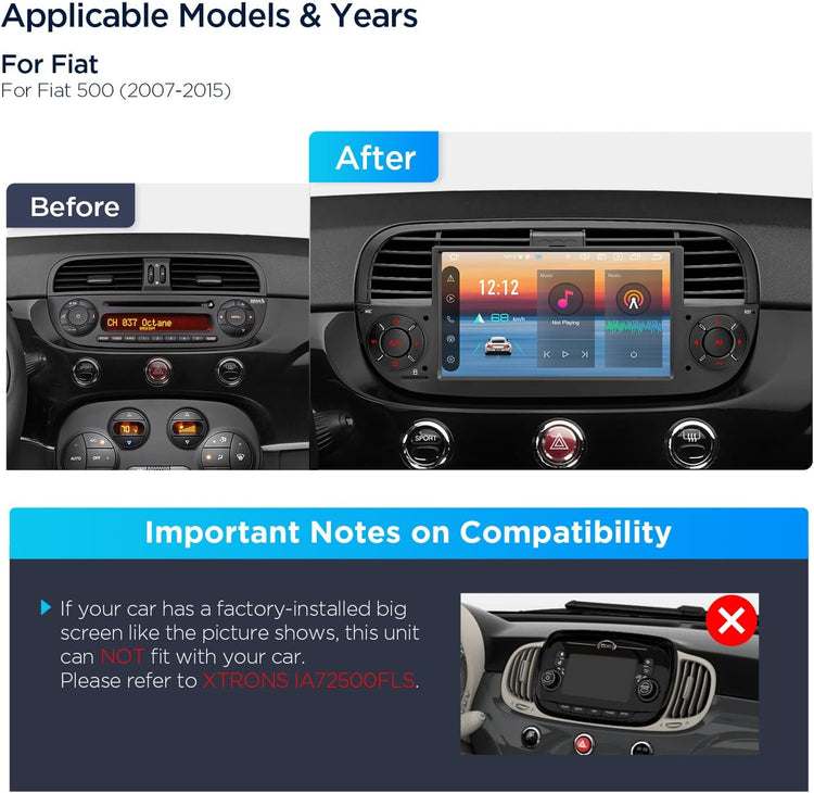 7" Android 14 1 Din Car Stereo 4+64GB for Fiat 500(2007-2015) Black, Octa-Core Radio Player, Built-In 4G ASM DSP 2K Carautoplay Android Auto GPS Navigation Bluetooth 5.0 New UI, Optional DAB+.