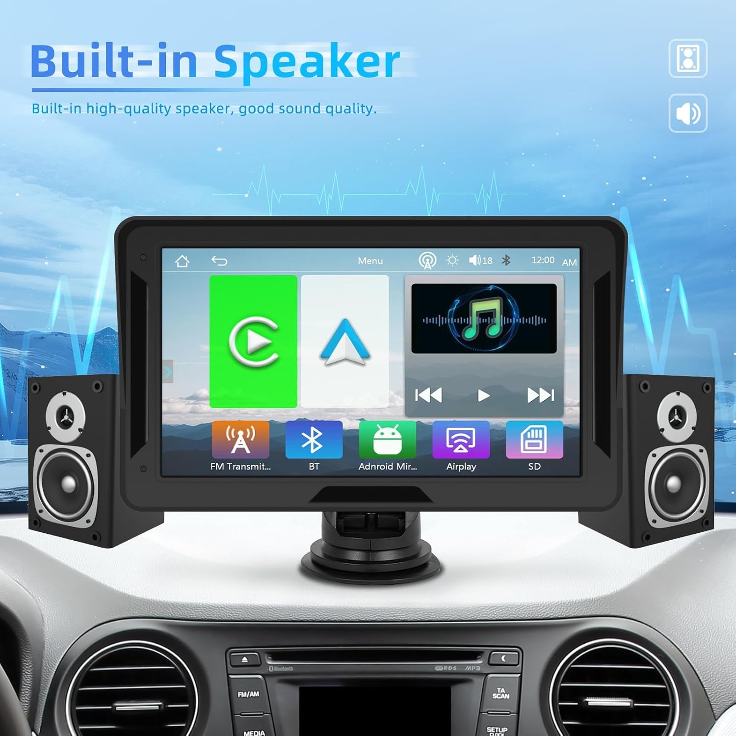 Portable Wireless Carplay Android Auto Screen Car Stereo, 7" HD Touchscreen Radio Carplay Screen for Car Support Mirror Link, Car Audio Receivers with Bluetooth/Aux/Fm/Eq/Voice Control.