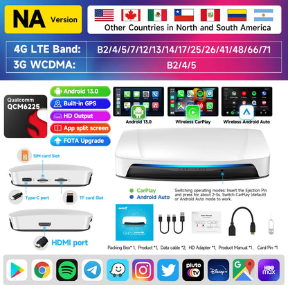 128G  Ai Box Android 13 Wireless Carplay HDMI Output Wireless Adapter Android Auto Car Play Qualcomm 6225 Fota Upgrade.