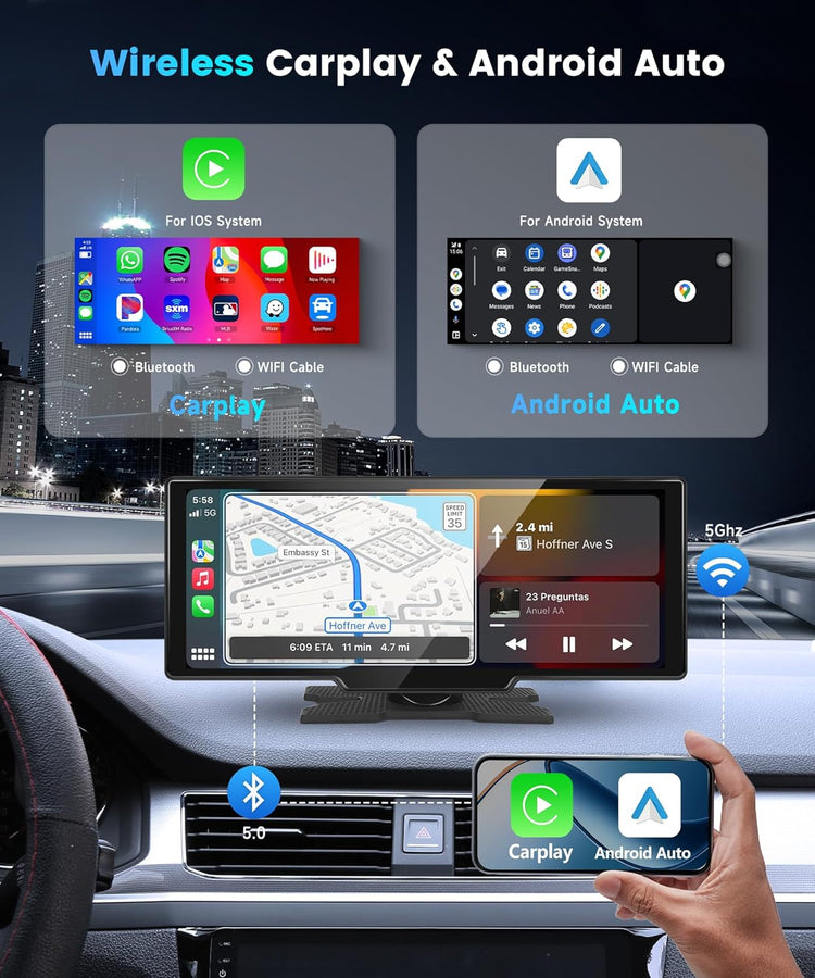 10.26 Inch Carplay Screen for Car,  Portable Android Auto Car Stereo HD IPS Touch Screen,Wireless Car Play Screen with GPS Navigation & Voice Control, Mirror Link,Bluetooth,Fm Transmission,Aux.