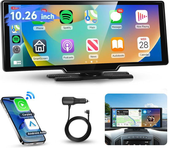 10.26 Inch Carplay Screen for Car,  Portable Android Auto Car Stereo HD IPS Touch Screen,Wireless Car Play Screen with GPS Navigation & Voice Control, Mirror Link,Bluetooth,Fm Transmission,Aux.