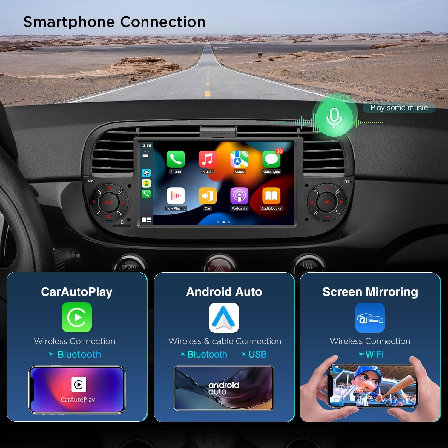 7" Android 14 1 Din Car Stereo 4+64GB for Fiat 500(2007-2015) Black, Octa-Core Radio Player, Built-In 4G ASM DSP 2K Carautoplay Android Auto GPS Navigation Bluetooth 5.0 New UI, Optional DAB+.