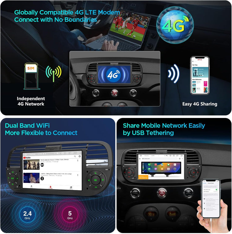 7" Android 14 1 Din Car Stereo 4+64GB for Fiat 500(2007-2015) Black, Octa-Core Radio Player, Built-In 4G ASM DSP 2K Carautoplay Android Auto GPS Navigation Bluetooth 5.0 New UI, Optional DAB+.