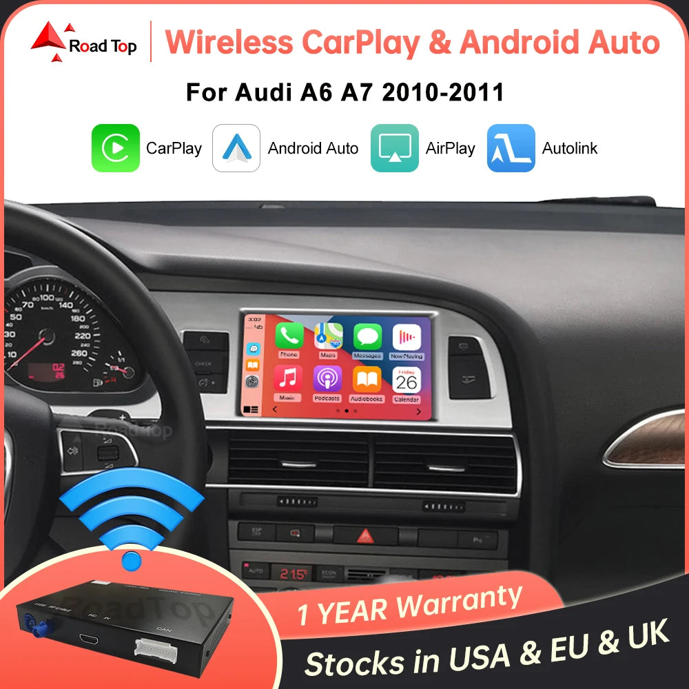 Road Top Wireless Carplay Android Auto for Audi A6 C6 A7 C7 2010-2011 Q7 2010-2015,With Mirror Link Airplay Car Play Functions.