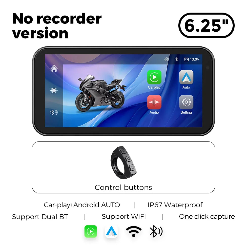 6.25" 1560*720 Motorcycle GPS Navigation IP67 Waterproof Display Wireless Car Play Android Auto Moto TPMS Dual 1080P Recording.