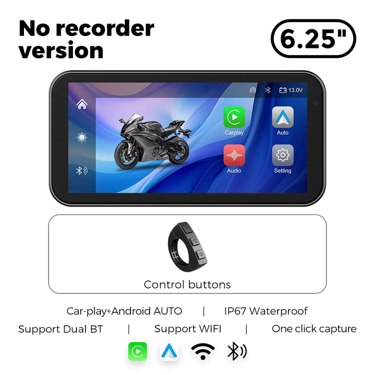 6.25" 1560*720 Motorcycle GPS Navigation IP67 Waterproof Display Wireless Car Play Android Auto Moto TPMS Dual 1080P Recording.