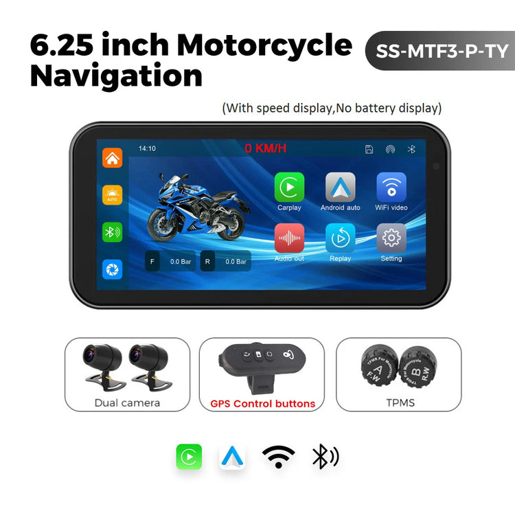 6.25" 1560*720 Motorcycle GPS Navigation IP67 Waterproof Display Wireless Car Play Android Auto Moto TPMS Dual 1080P Recording.