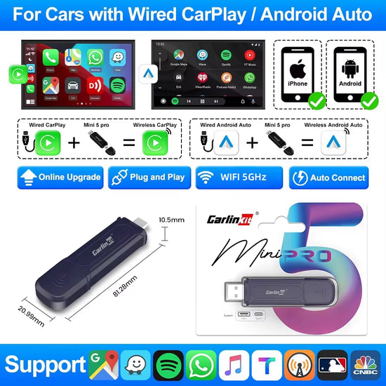 5.0 Wireless Carplay Android Auto Adapter 3 in 1 Wireless Car Adapter for Mazda Toyotal Peugeot Volvo Kia Spotify.