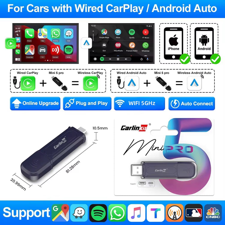 5.0 Wireless Carplay Android Auto Adapter 3 in 1 Wireless Car Adapter for Mazda Toyotal Peugeot Volvo Kia Spotify.