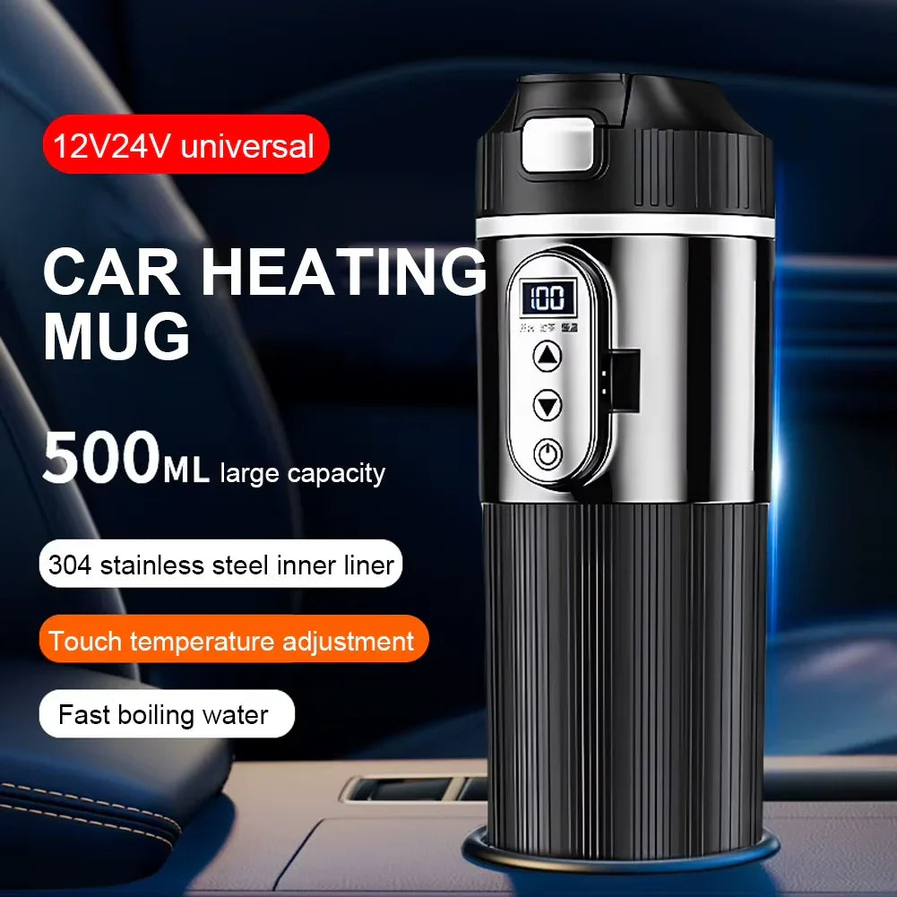 12V/24V Car Heating Cup Smart Temperature Sensor Electric Kettle Stainless Steel Thermos Cup Travel Car Coffee Mug Warmer Bottle